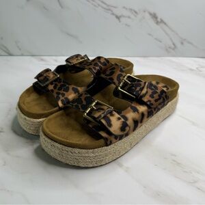 Corina Leopard Animal Print Buckle Platform Slides Sandals Summer Brown Tan
